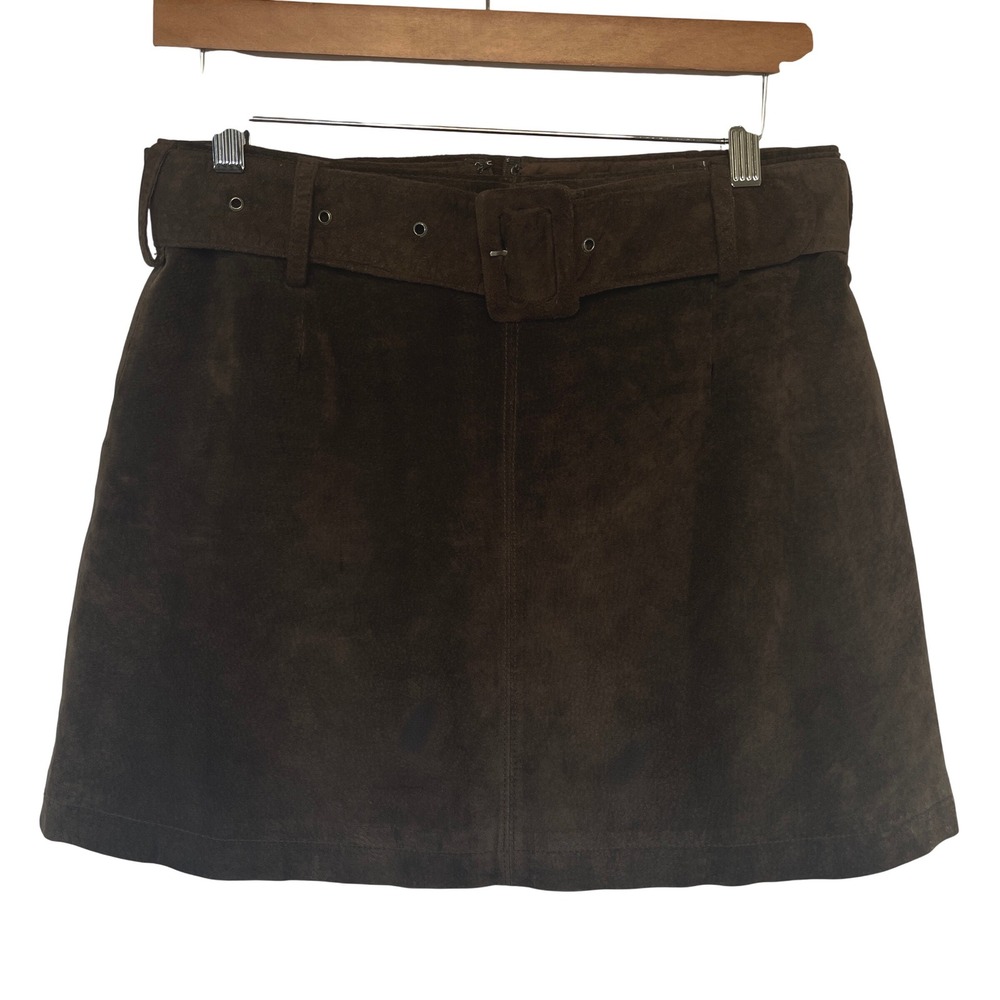 Vintage Suede Leather Belted Mini Skirt 10 Brown Boho Indie Grunge Retro 70s 90s
